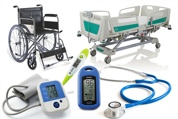 Patient care equipment including specialized beds, wheelchairs, and medical supplies